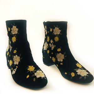 Topshop Blossom Black Velvet Embroidered Booties